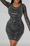 Black Elegant Patchwork Backless Hot Drill O Neck Wrapped Skirt Dresses