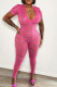 Rose Red Street Solid Lace Patchwork See-through V Neck Skinny Jumpsuits