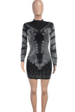 Black Sexy Patchwork Hot Drill Zipper Mandarin Collar Wrapped Skirt Dresses