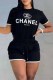 Black Casual Print Letter O Neck Short Sleeve Two Pieces