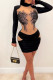 Black Sexy Patchwork See-through Mandarin Collar Wrapped Skirt Dresses