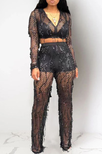 Black Sexy Solid Sequins Patchwork See-through V Neck Long Sleeve Two Pieces