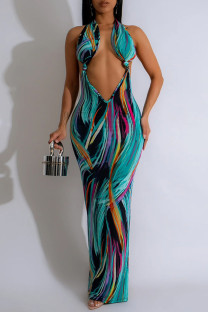 Green Sexy Print Hollowed Out Patchwork Backless Slit V Neck Long Dresses