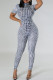 Black Casual Print Patchwork Zipper O Neck Skinny Jumpsuits