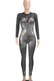 Black Sexy Patchwork See-through Mesh O Neck Skinny Jumpsuits