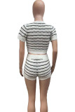 White Casual Striped Patchwork O Neck Short Sleeve Two Pieces