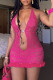 Rose Red Sexy Lace Hollowed Out Patchwork See-through V Neck Wrapped Skirt Dresses