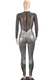 Black Sexy Patchwork See-through Mesh O Neck Skinny Jumpsuits