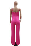 Rose Red Casual Solid Tassel Patchwork Spaghetti Strap Loose Jumpsuits