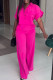 Deep Pink Sweet Solid Patchwork Pocket Buckle Shirt Collar Short Sleeve Two Pieces