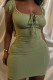 Olive Green Street Solid Bandage Hollowed Out Patchwork Square Collar Wrapped Skirt Dresses