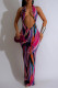 Rose Red Sexy Print Hollowed Out Patchwork Backless Slit V Neck Long Dresses