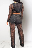 Black Sexy Solid Sequins Patchwork See-through V Neck Long Sleeve Two Pieces