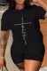 Black Casual Print Patchwork O Neck Short Sleeve Two Pieces