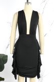 Red Sexy Solid Patchwork Fold V Neck Wrapped Skirt Dresses