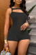 Black Sweet Solid Hollowed Out Patchwork See-through O Neck Skinny Rompers