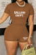 Brownness Sweet Print Patchwork O Neck Short Sleeve Two Pieces