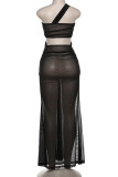 Brown Sexy Solid Hollowed Out Patchwork See-through Mesh Asymmetrical Collar Long Dresses