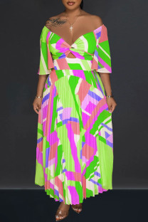 Green Elegant Print Patchwork Pleated Off the Shoulder A Line Dresses