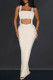 Apricot Elegant Patchwork Buttons Backless Slit Contrast Square Collar Sleeveless Two Pieces