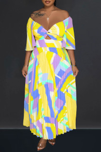 Yellow Elegant Print Patchwork Pleated Off the Shoulder A Line Dresses