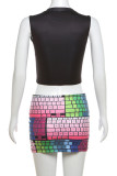 Black Street Print Patchwork O Neck Sleeveless Two Pieces