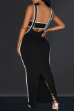 Black Elegant Patchwork Buttons Backless Slit Contrast Square Collar Sleeveless Two Pieces