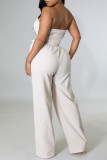 Cream White Casual Solid Bandage Patchwork Pocket Strapless Regular Jumpsuits