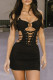 Black Celebrities Solid Hollowed Out Patchwork Cross Straps Halter Wrapped Skirt Dresses
