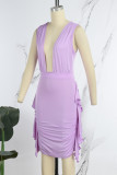 Red Sexy Solid Patchwork Fold V Neck Wrapped Skirt Dresses
