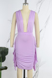 Red Sexy Solid Patchwork Fold V Neck Wrapped Skirt Dresses