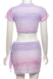 Purple Street Gradient Patchwork O Neck Short Sleeve Two Pieces
