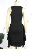 Red Sexy Solid Patchwork Fold V Neck Wrapped Skirt Dresses