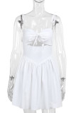 White Sexy Solid Bandage Hollowed Out Patchwork Spaghetti Strap A Line Dresses