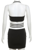 Black Celebrities Solid Hollowed Out Patchwork Cross Straps Halter Wrapped Skirt Dresses