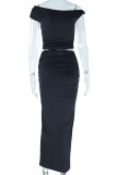 Black Street Solid Patchwork Oblique Collar Short Sleeve Two Pieces