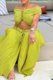 Green Casual Solid Patchwork Pleated Off the Shoulder Short Sleeve Two Pieces