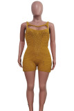Yellow Sweet Solid Hollowed Out Patchwork See-through O Neck Skinny Rompers