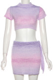 Purple Street Gradient Patchwork O Neck Short Sleeve Two Pieces