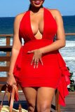 Red Sexy Solid Patchwork Fold V Neck Wrapped Skirt Dresses