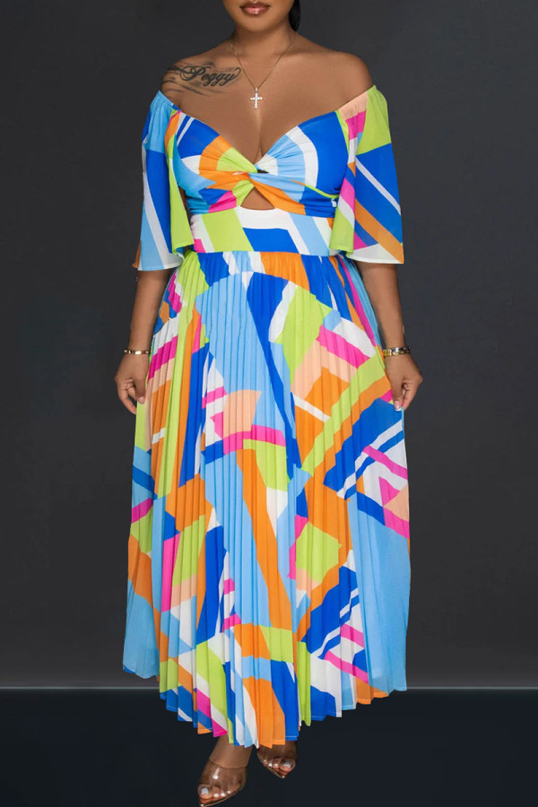 Blue Elegant Print Patchwork Pleated Off the Shoulder A Line Dresses