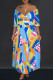 Blue Elegant Print Patchwork Pleated Off the Shoulder A Line Dresses