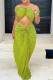 Green Casual Solid Patchwork Pleated Off the Shoulder Short Sleeve Two Pieces