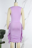 Red Sexy Solid Patchwork Fold V Neck Wrapped Skirt Dresses