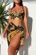 Black Sexy Print Frenulum Backless Swimsuit Three Piece Set (With Paddings)