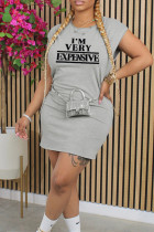 Grey Sweet Print Patchwork O Neck Straight Dresses