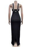 Black Elegant Patchwork Buttons Backless Slit Contrast Square Collar Sleeveless Two Pieces