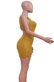 Yellow Sweet Solid Hollowed Out Patchwork See-through O Neck Skinny Rompers