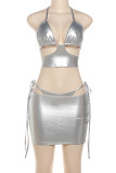 Silver Sexy Solid Bandage Hollowed Out Patchwork Halter Sleeveless Three Pieces