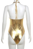 Gold Street Solid Bandage Hollowed Out Patchwork Halter Skinny Bodysuits